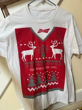 Budweiser White T‑Shirt with Red and Gray Holiday Reindeer Graphic
